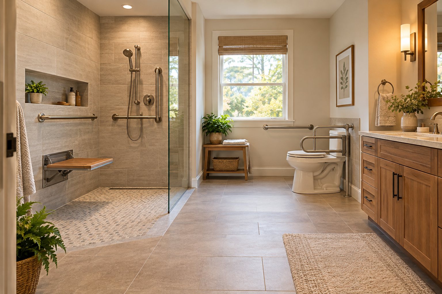 Concept bathroom with low-threshold shower, reinforced support bars, folding seat, reachable hand shower, wide floor space, and toilet support